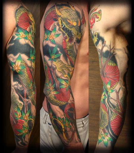 Dragon and maple leaf sleeve Tattoo Design Thumbnail